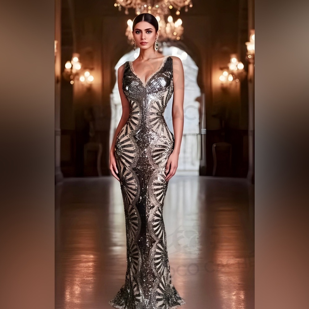 Glamours Silver Sequins Rhinestone Beading Maxi Formal Evening Gown Lux…